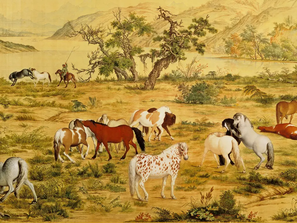 清代郎世宁《百骏图（高亮版）》全幅，绢本设色，94.5 × 776.2 cm，1728年