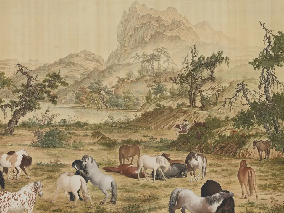 清代郎世宁《百骏图》全幅，绢本设色，94.5 × 776.2 cm，1728年