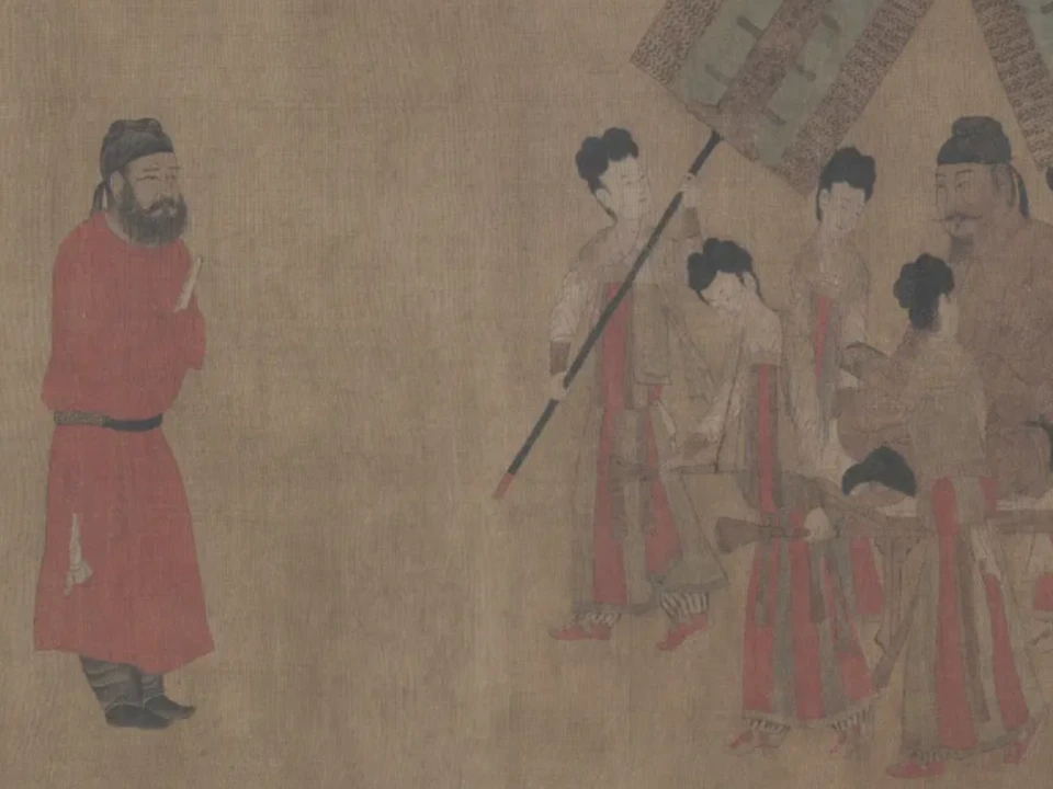 画面表现的是唐太宗接见吐蕃使者禄东赞的场景。虽然事件关系到文成公主入藏，但画中没有军队和武器，而是通过人物服饰、站位和礼仪，表现唐朝与吐蕃之间的正式交往。
