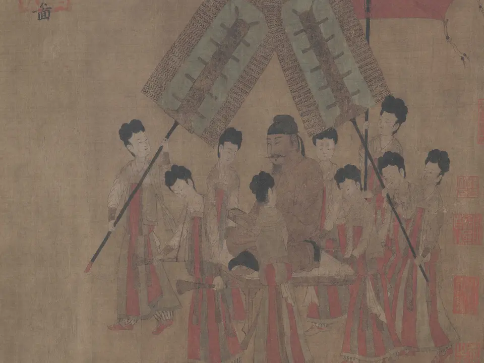唐代阎立本《步辇图》全幅,绢本设色,38.5 × 129.6 cm,约公元640年