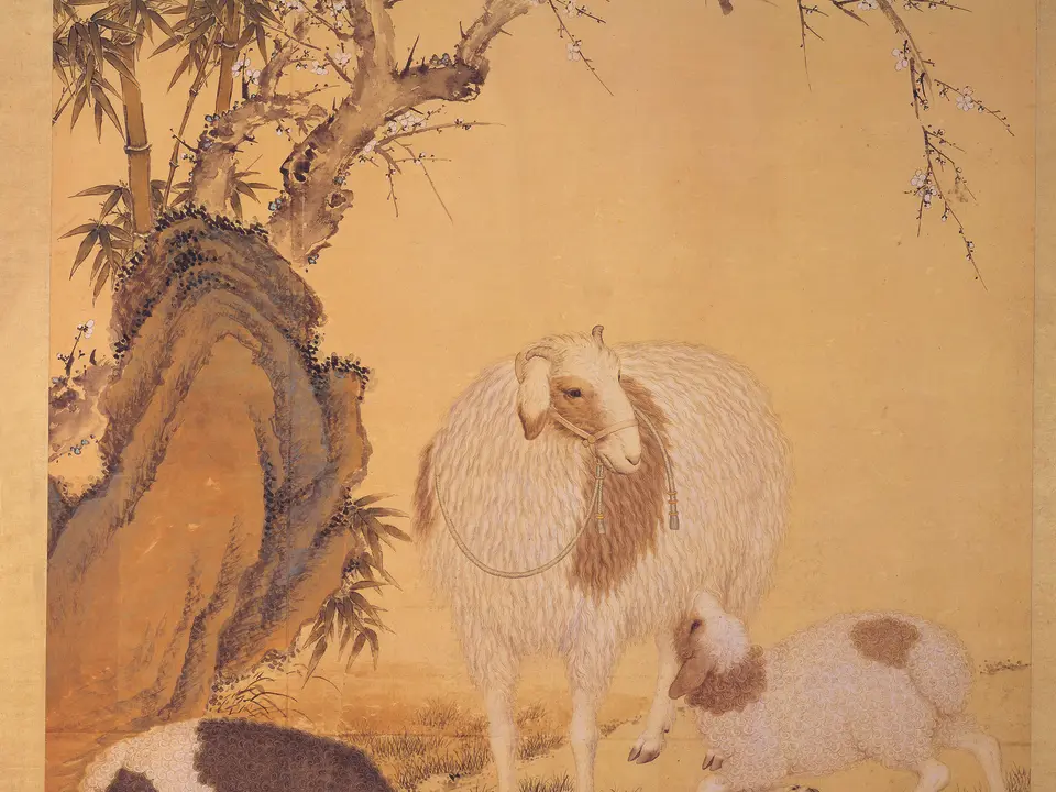清代郎世宁《开泰图轴》全幅,绢本设色,约18世纪
