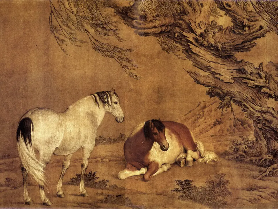 柳荫双骏图，作者郎世宁，18世纪