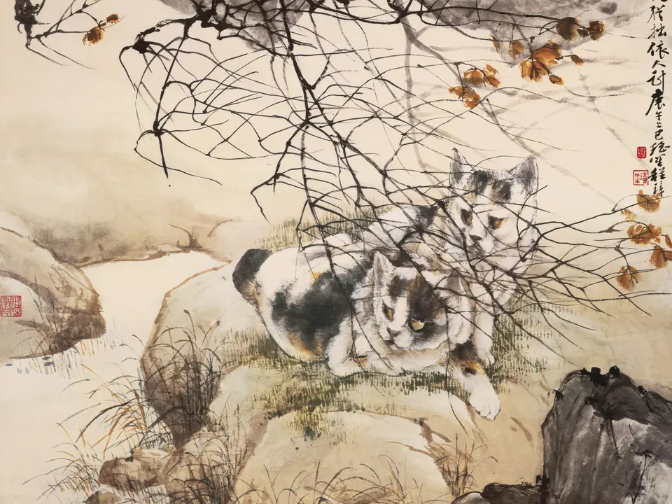 清代程璋《双猫图》全幅,纸本设色
