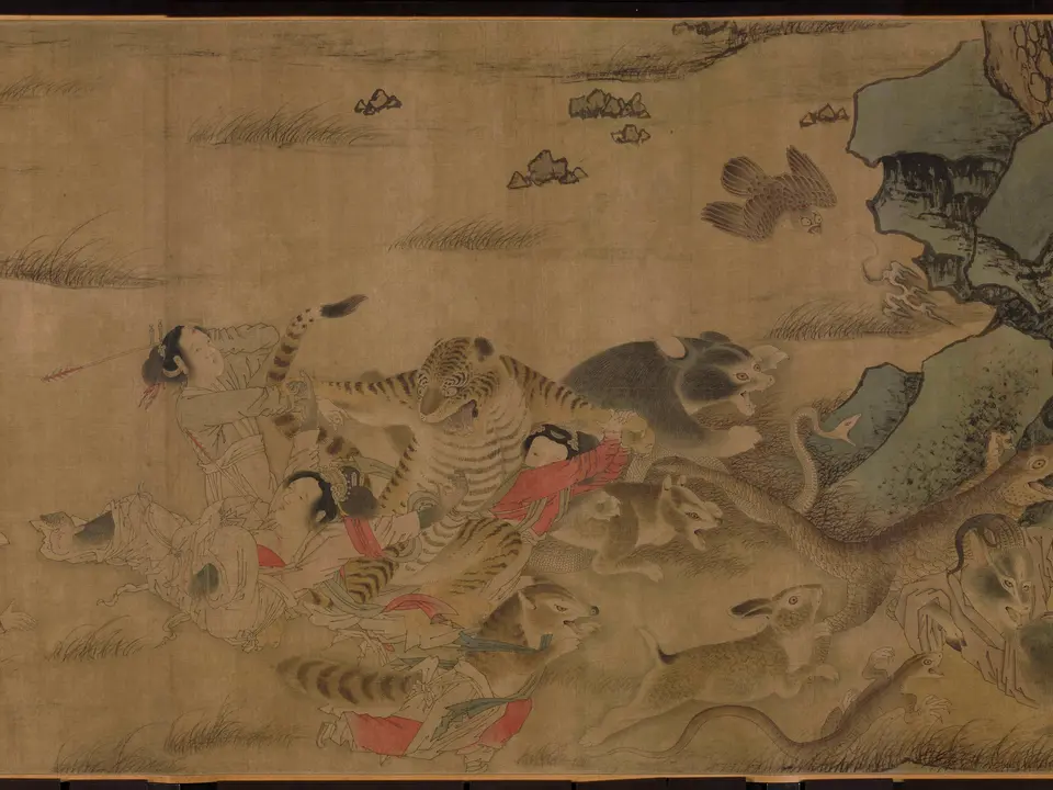 宋代佚名《二郎神搜山图》全幅,绢本设色,53 × 561 cm