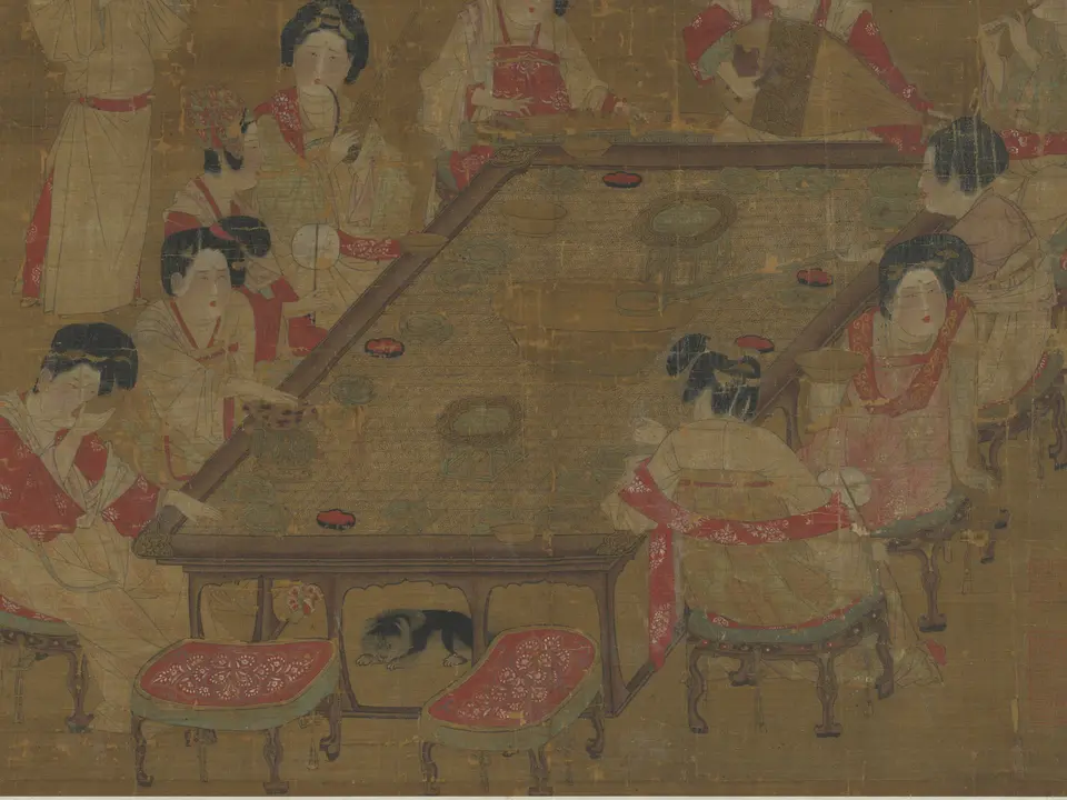 唐代《唐人宫乐图》全幅,绢本设色,37.4 × 145.3 cm,8世纪