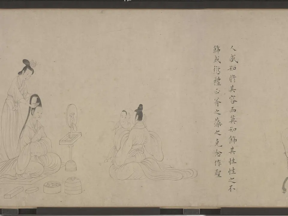 宋代佚名宋人（摹）《顾恺之女史箴图卷（宋人摹本）》全幅，绢本白描，24.8 × 348.2 cm，约11-12世纪