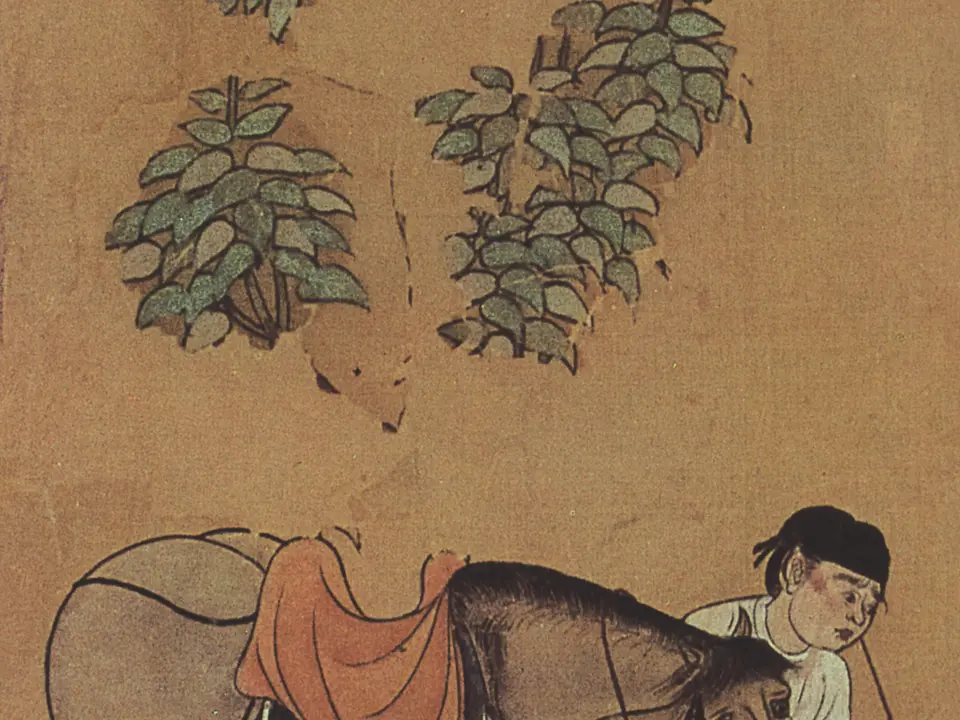 唐代佚名《牧马图》全幅，绢本设色，35.0 × 82.66 cm，约8世纪