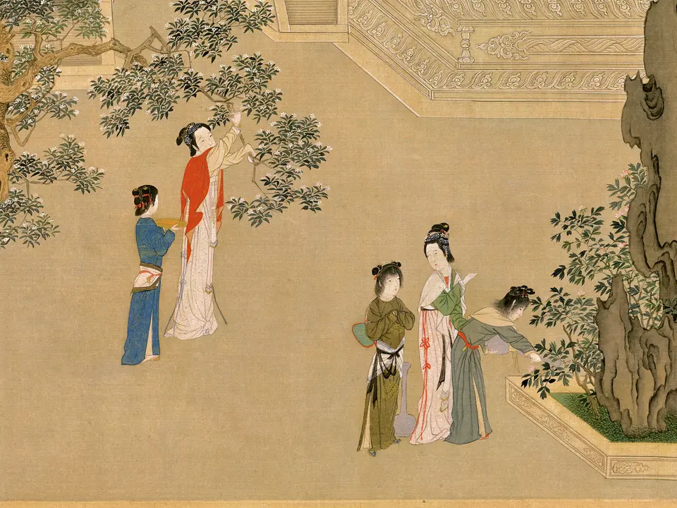 明代仇英《汉宫春晓图》全幅,绢本设色,30.6 × 574.1 cm,约16世纪