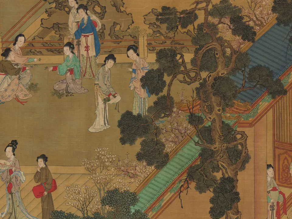 清代《汉宫春晓图（清人仿仇英）》全幅，绢本设色，36.2 × 454.4 cm