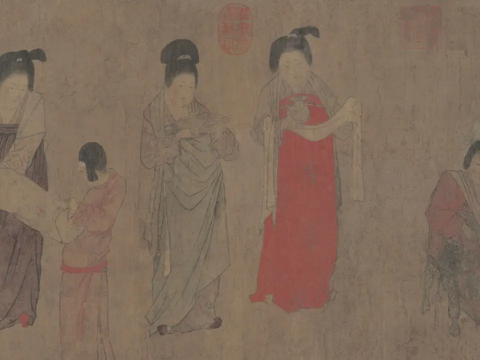 唐代周昉(传)《挥扇仕女图》全幅,绢本设色,33.7 × 204.8 cm,约8世纪