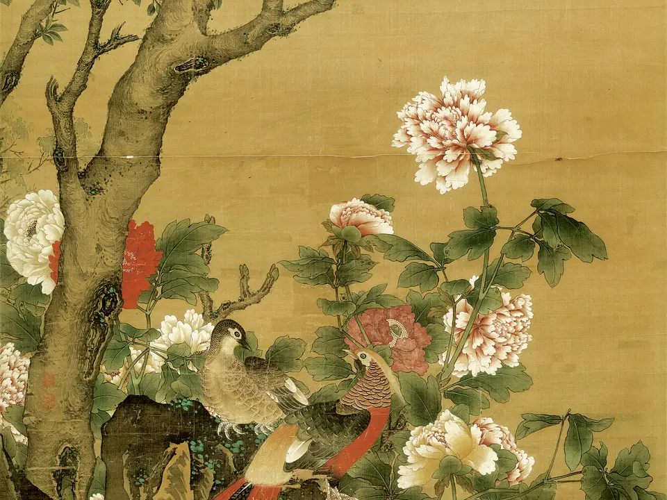 清代胡湄《玉堂富贵图》全幅，绢本设色，166 × 88 cm