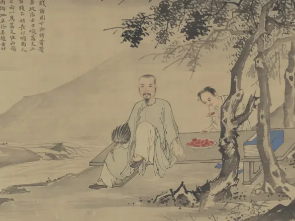 清代华喦《啖荔图卷》全幅,绢本设色,28 × 548 cm