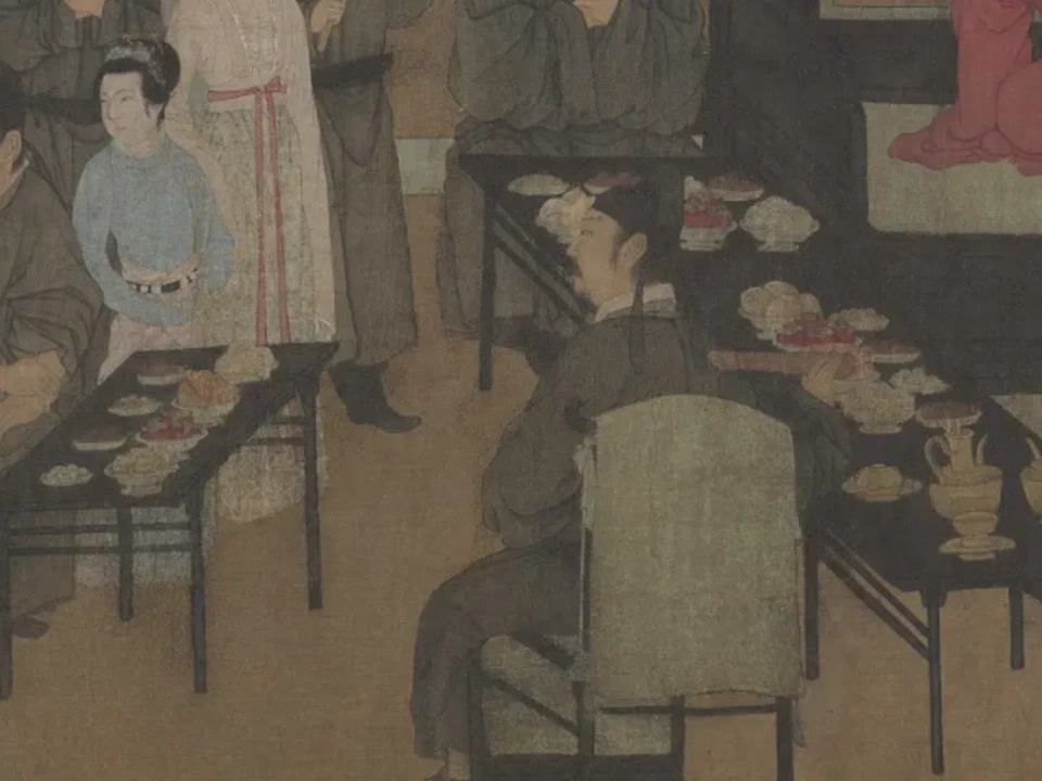韩熙载夜宴图（宋摹本）宴席上的桌案和食物细节