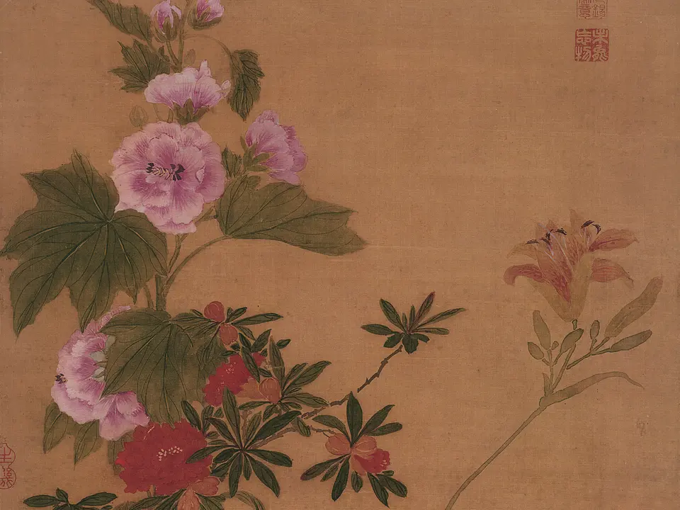 清代蒋廷锡《蜀葵萱花图》全幅，纸本设色，76 × 39.8 cm