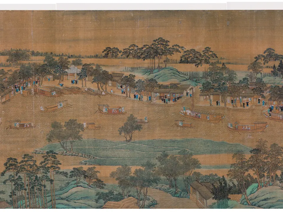 清代焦秉贞《南巡苏州虎丘行宫图》全幅，绢本设色，58.5 × 544 cm，约18世纪初