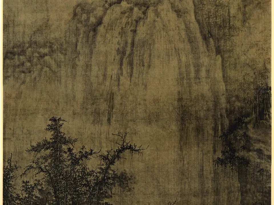 五代十国巨然《溪山兰若图》全幅，绢本水墨，185.4 × 57.6 cm，约10世纪