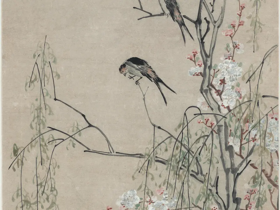 清代李禅《桃花柳燕图》全幅,纸本,51.9 × 125.4 cm