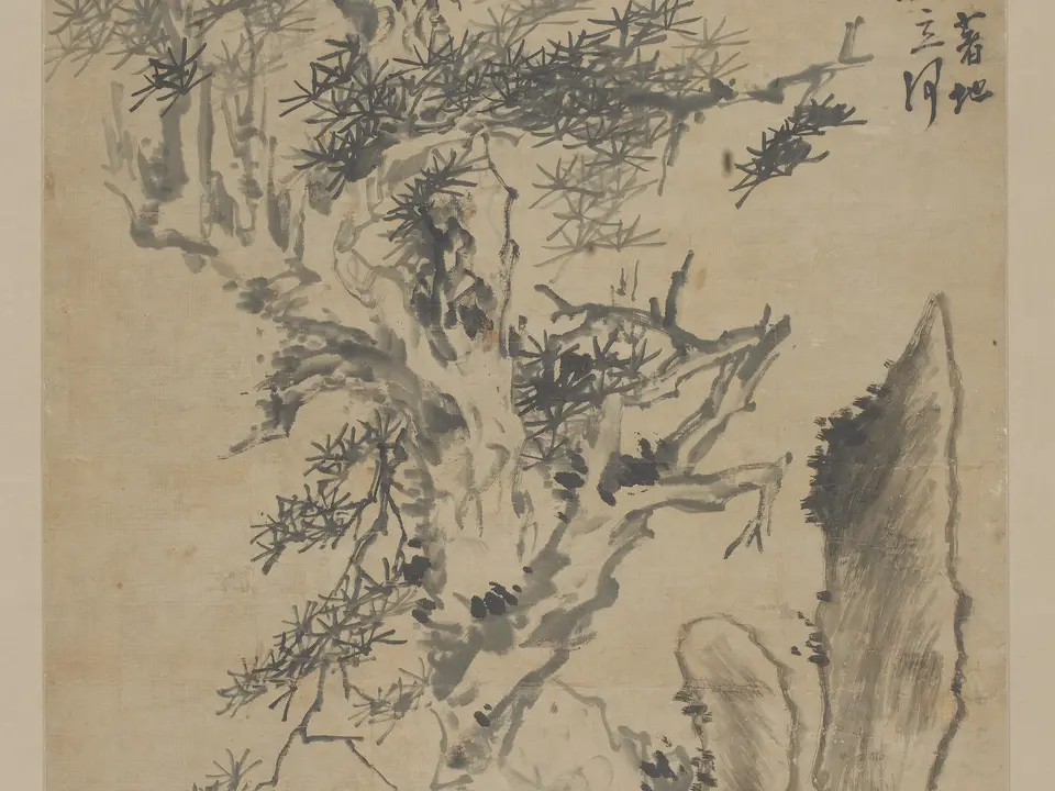 清代李方膺《松树图轴》全幅,纸本水墨,136 × 60 cm