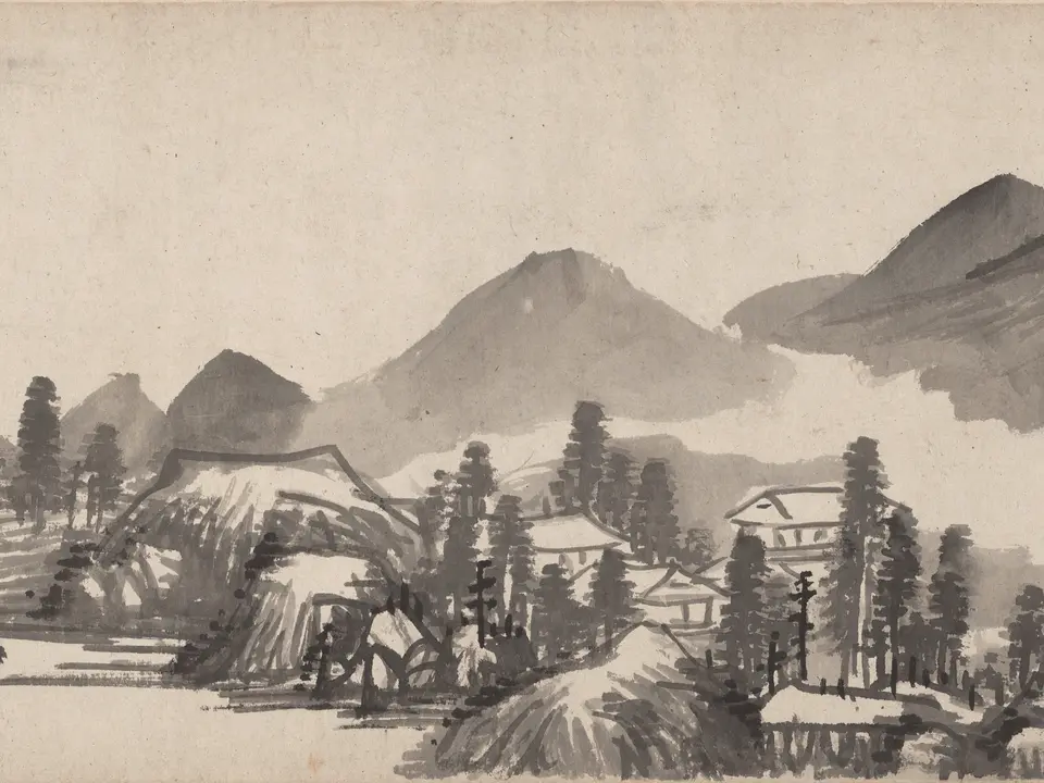 明代李流芳《山水手卷》全幅，纸本水墨，347.4 × 29.2 cm
