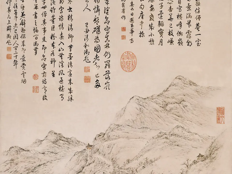 清代李士倬《皋涂精舍图》全幅,纸本水墨,84 × 45.5 cm