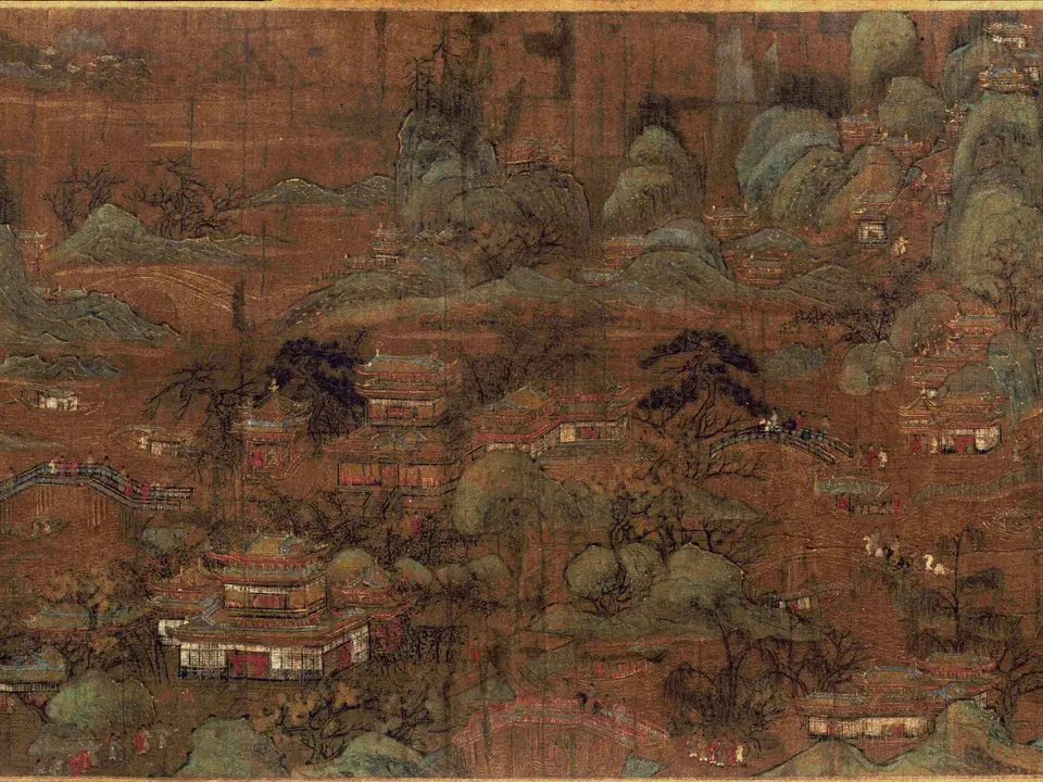 宋代·南宋佚名(摹)《宫苑图卷》全幅,绢本设色,23.9 × 77.2 cm,南宋中后期