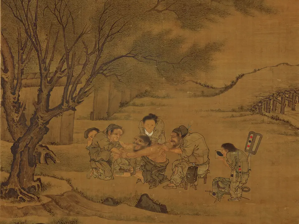 宋代·南宋李唐《炙艾图》全幅，绢本设色，68.7 × 58.7 cm，约12世纪