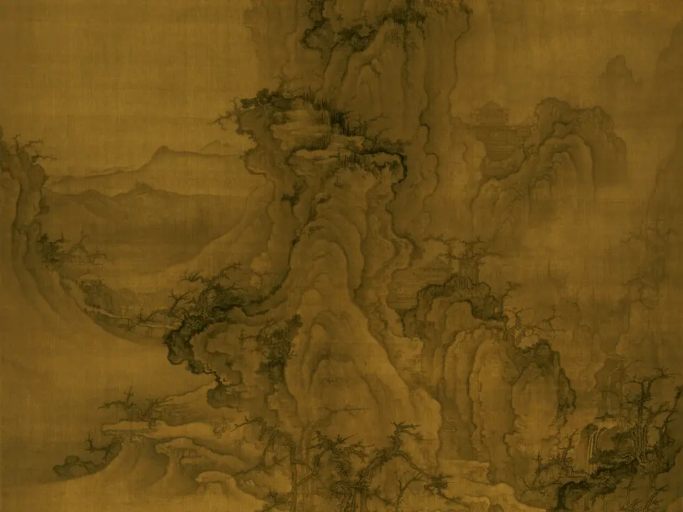 清代李寅《秋山行旅图》全幅,绢本设色,189.6 × 97.5 cm
