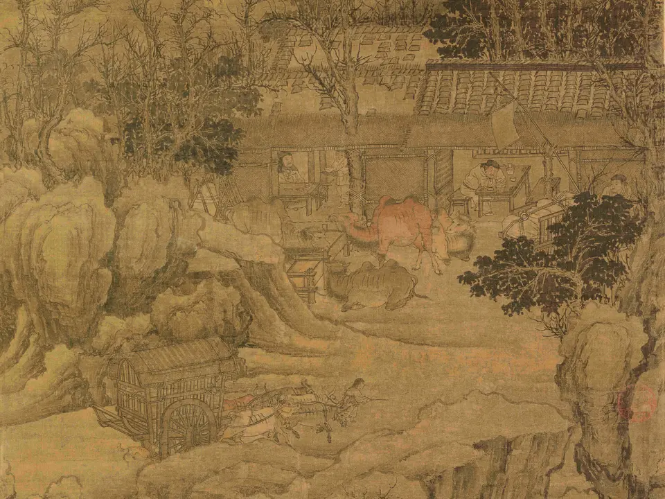 清代李寅《雪岭盘车图》全幅,绢本设色,133.5 × 73.5 cm