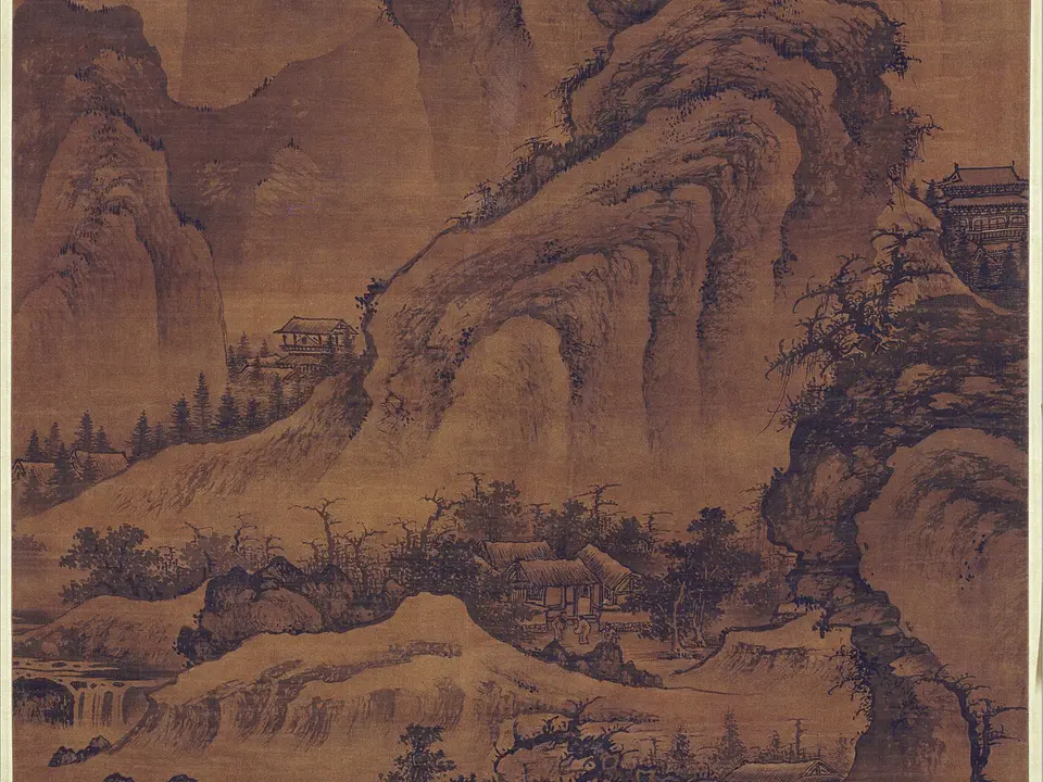 明代李在《阔渚遥峰图轴》全幅，绢本水墨，15世纪