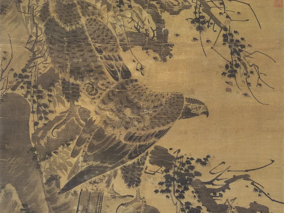 明代林良《双鹰图》全幅，绢本设色，66.8 × 120 cm，约15世纪
