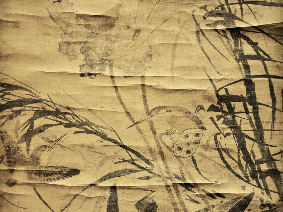 明代林良《荷塘集禽图轴》全幅，绢本设色，15世纪