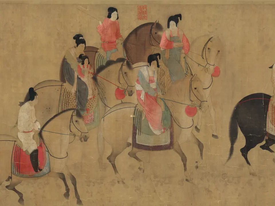 宋代·北宋赵佶（摹，传）《虢国夫人游春图》全幅，绢本设色，约12世纪