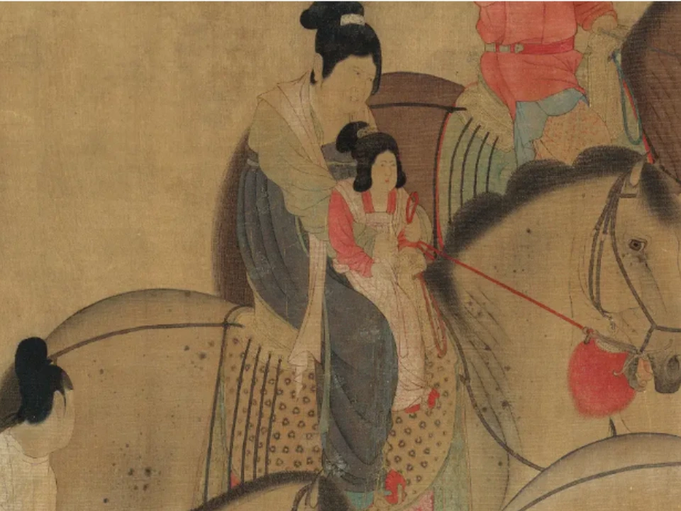 抱孩子的女骑手:贵族出游中的一家人