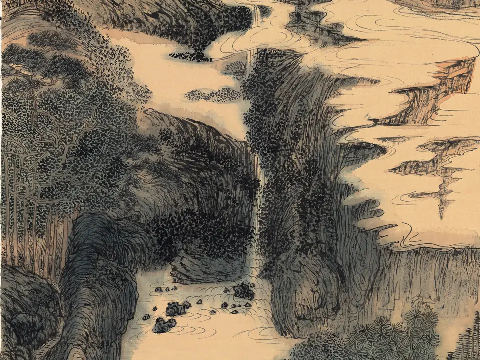 清代溥儒《山水》全幅，111x55 cm