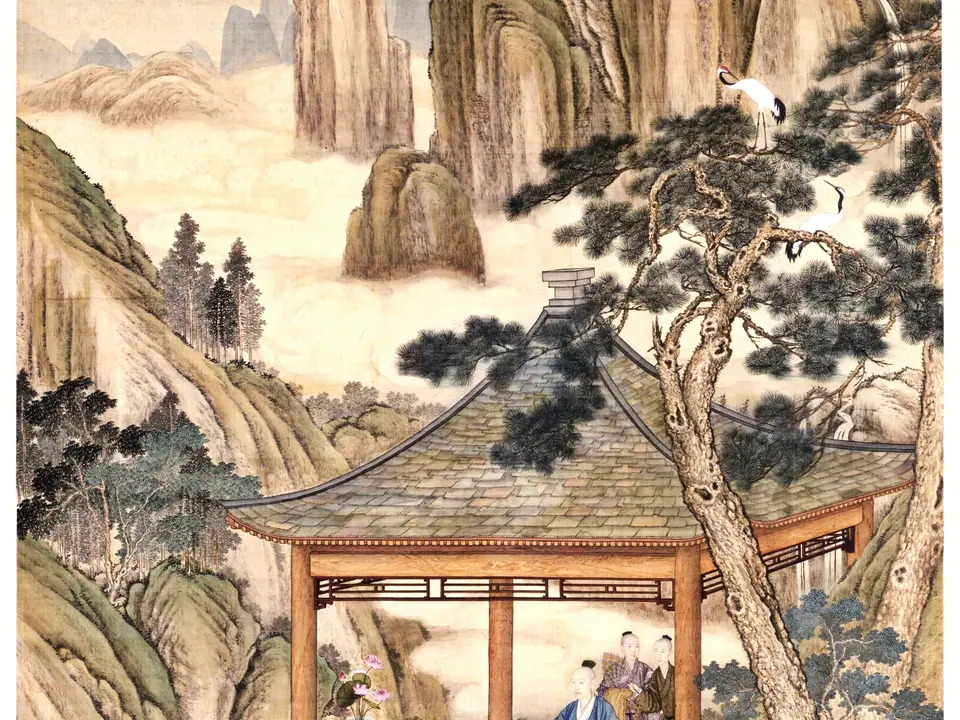 弘历观荷抚琴图轴，作者郎世宁，约18世纪