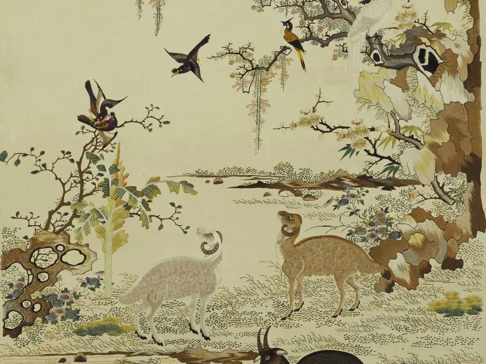 白缎地广绣三阳开泰挂屏心,作者佚名,1875-1908年