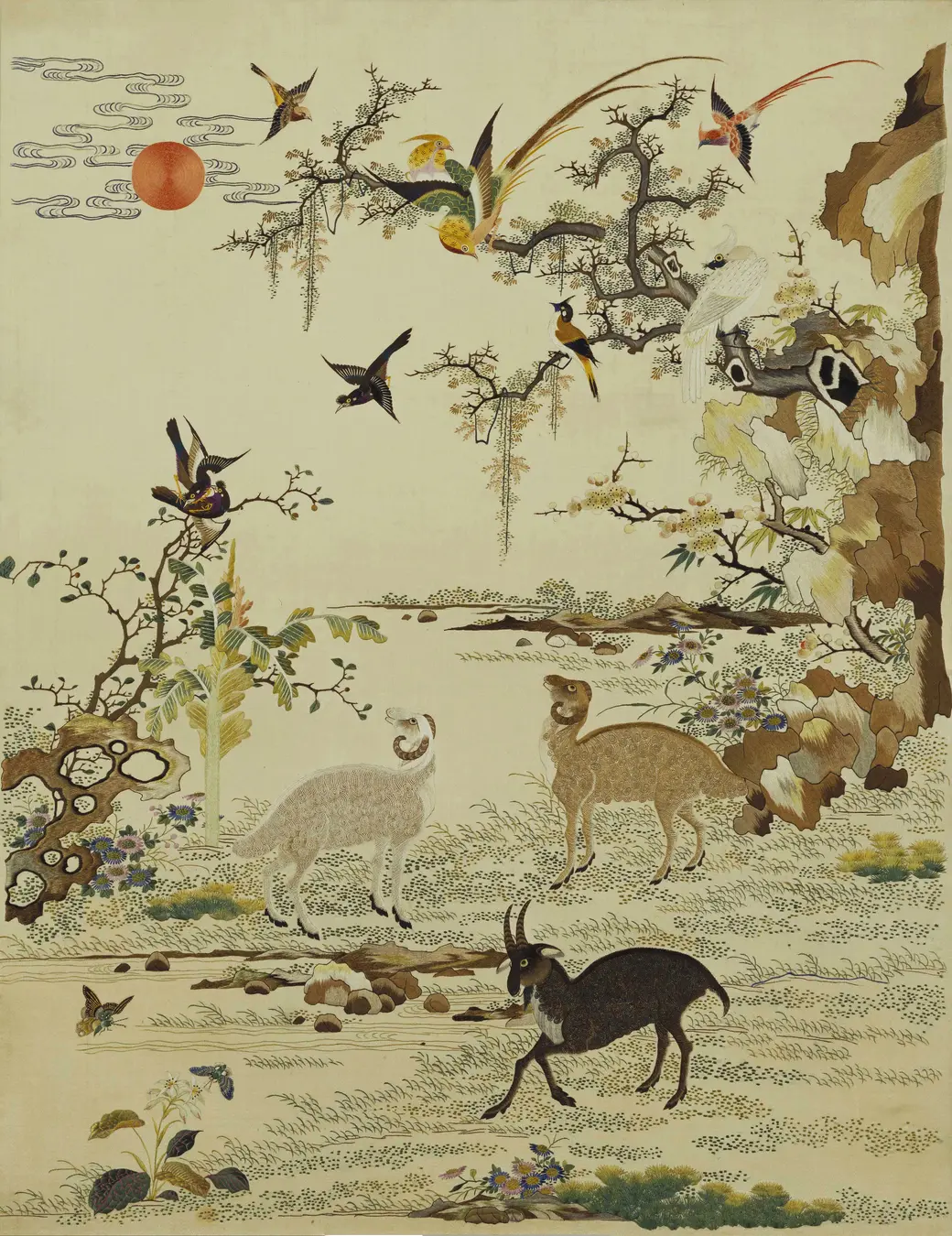 白缎地广绣三阳开泰挂屏心