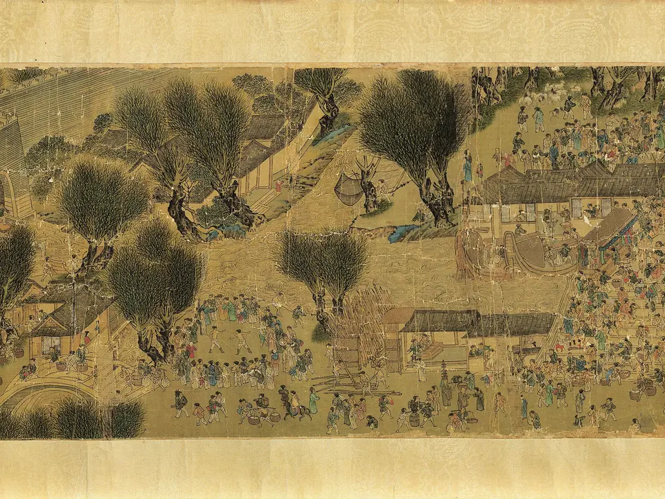 元代《清明上河图(佚名)》全幅,绢本设色,29.7 × 687 cm,约14世纪