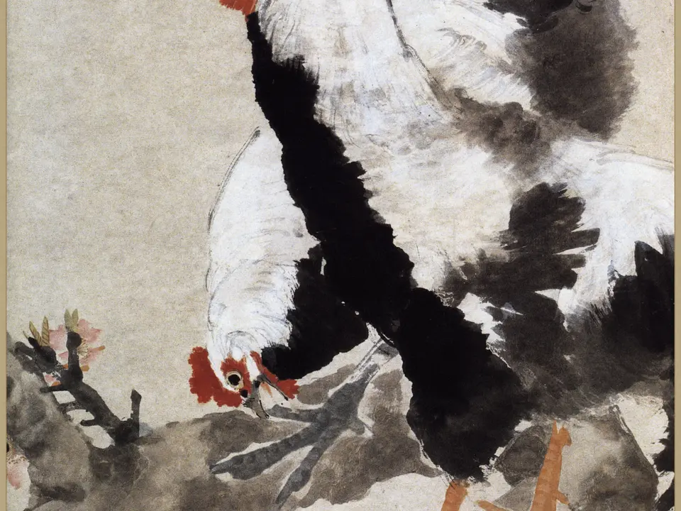 桃花双鸡图,作者任伯年,19世纪