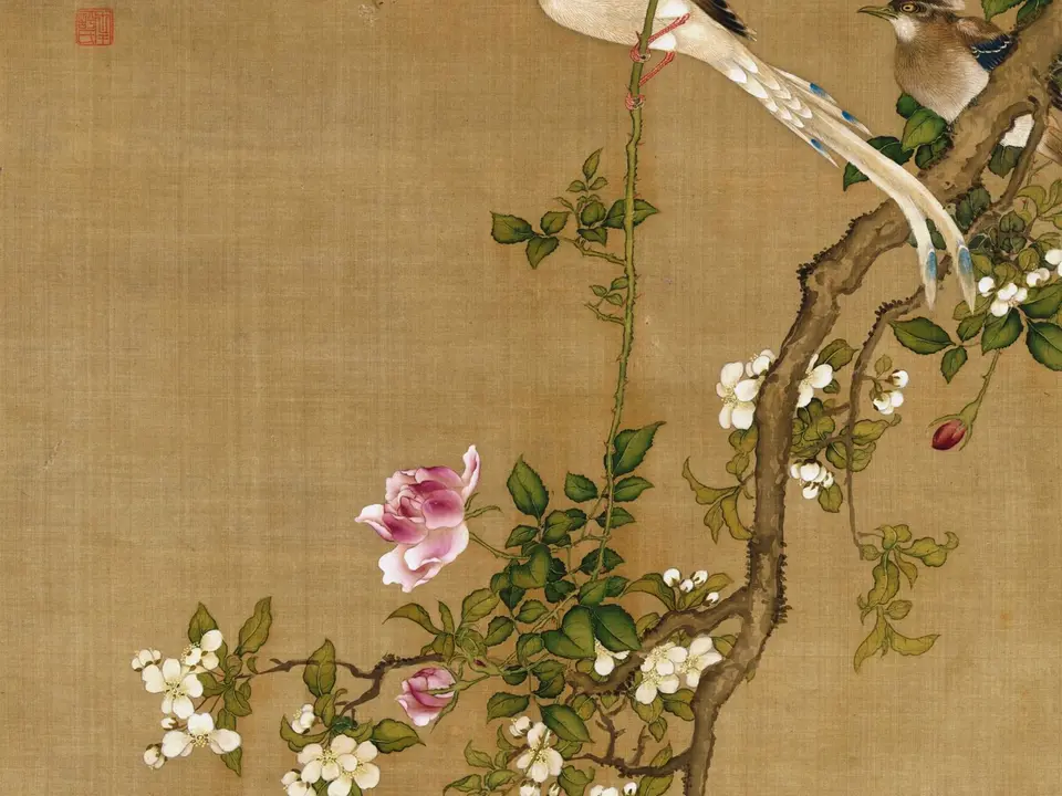 清代沈铨《花鸟图》全幅