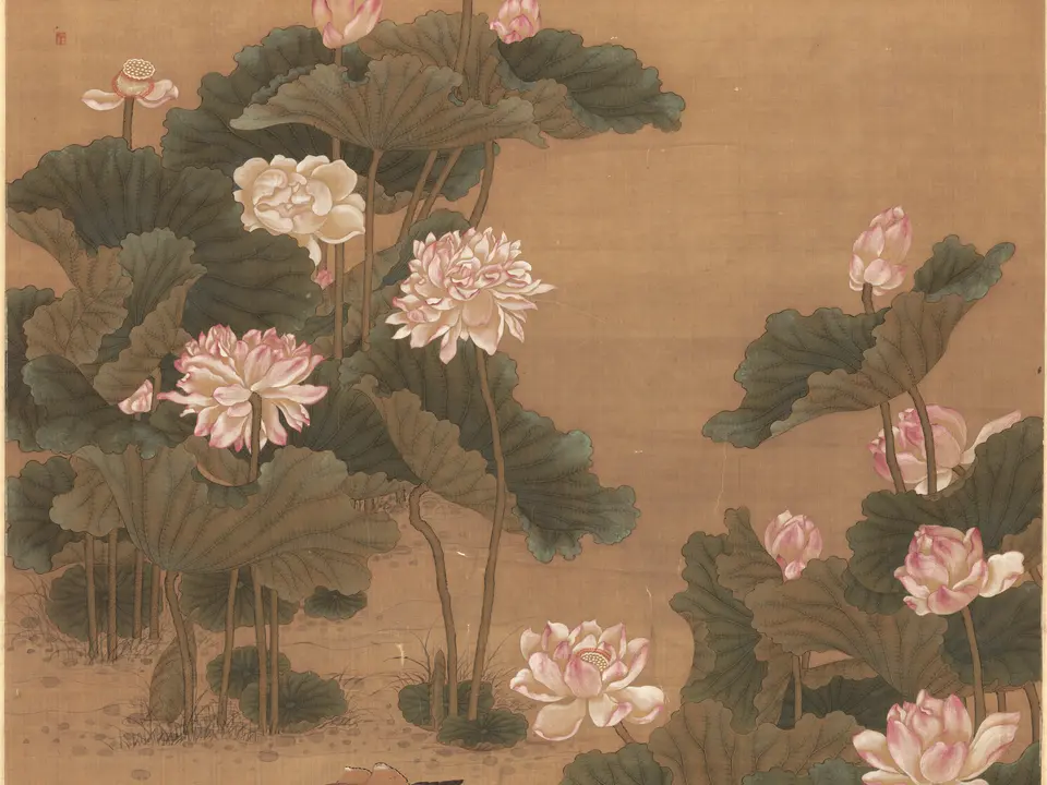 清代沈铨《荷塘鸳鸯图》全幅，绢本设色，132.8 × 233.9 cm