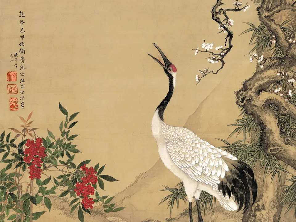 清代沈铨《松梅双鹤图》全幅，绢本设色，191 × 98.3 cm
