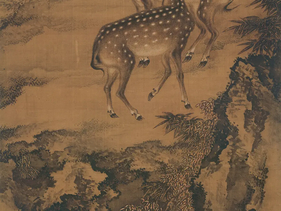 清代沈铨《双鹿图》全幅，绢本设色