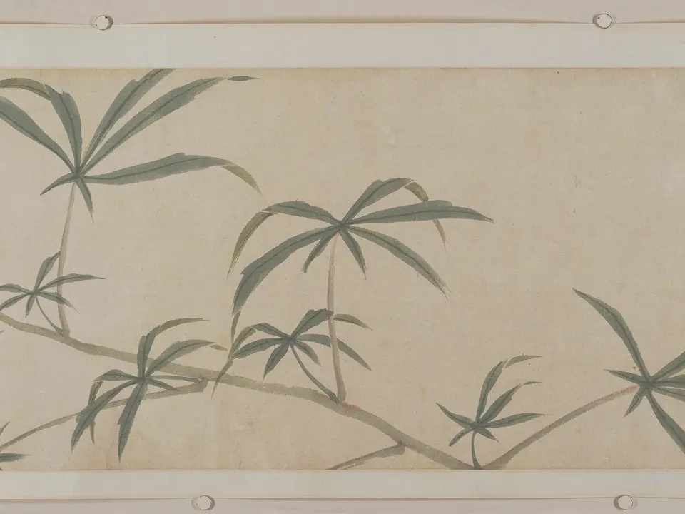 明代沈周《四季花卉卷》全幅，纸本水墨，27.5 × 504.8 cm