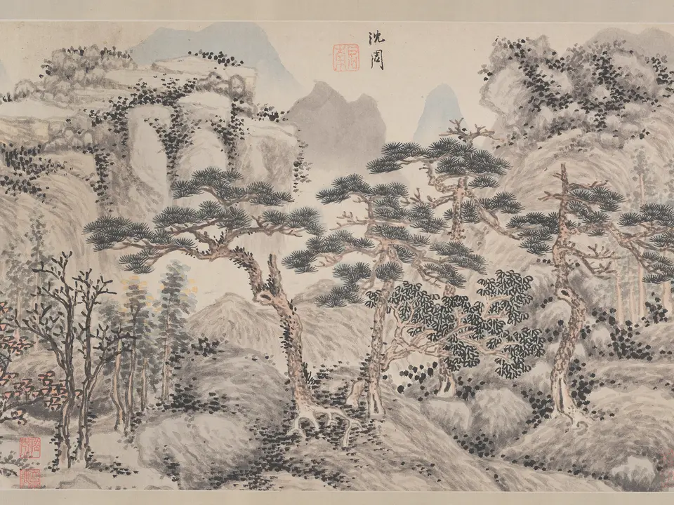明代沈周《四松图》全幅,纸本水墨,154 × 60.3 cm