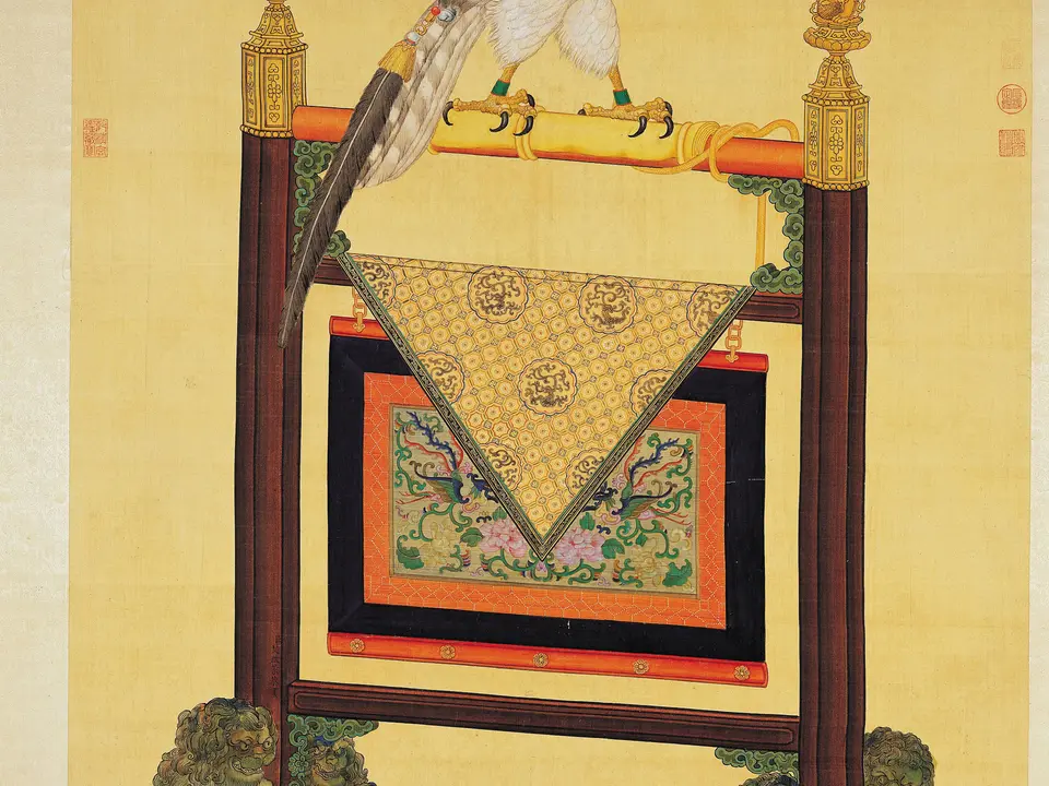 清代艾启蒙《土尔扈特白鹰图轴》全幅，绢本设色，约18世纪