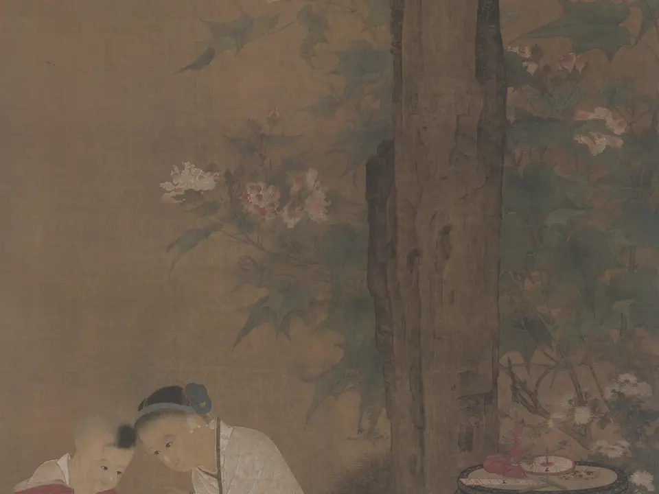 宋代·南宋苏汉臣《秋庭戏婴图》全幅,绢本设色,197.5 × 108.7 cm,12世纪
