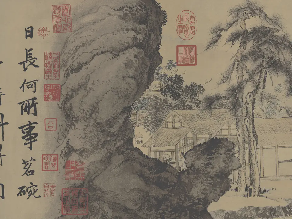 明代唐寅《事茗图》全幅，纸本设色，31.1 × 105.8 cm，约16世纪初