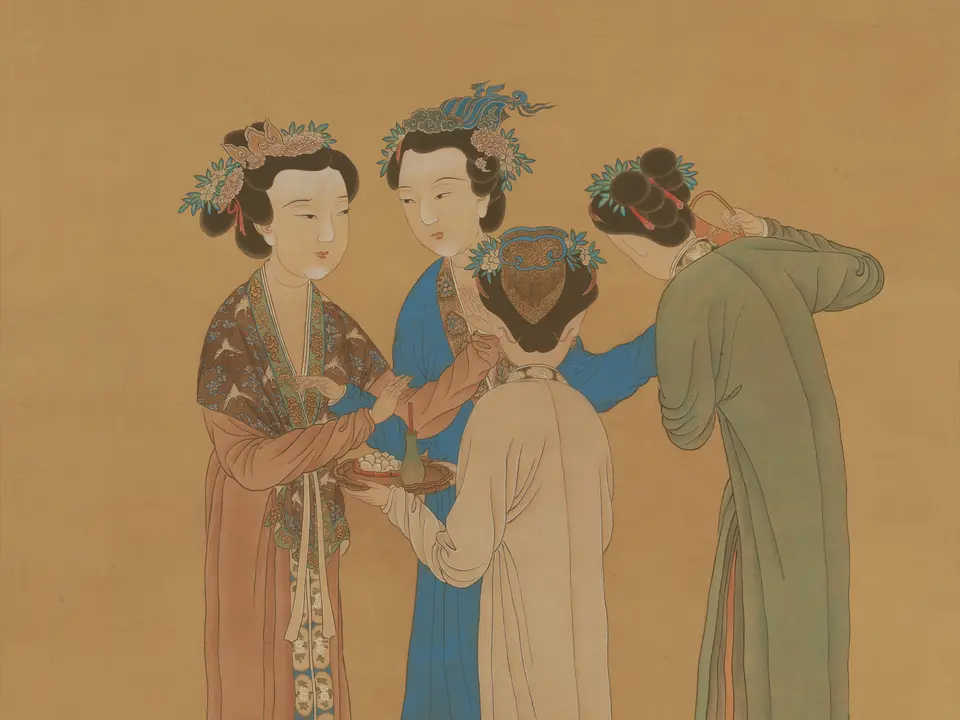 明代唐寅《王蜀宫妓图》全幅,绢本设色,124.7 × 63.6 cm,约16世纪初