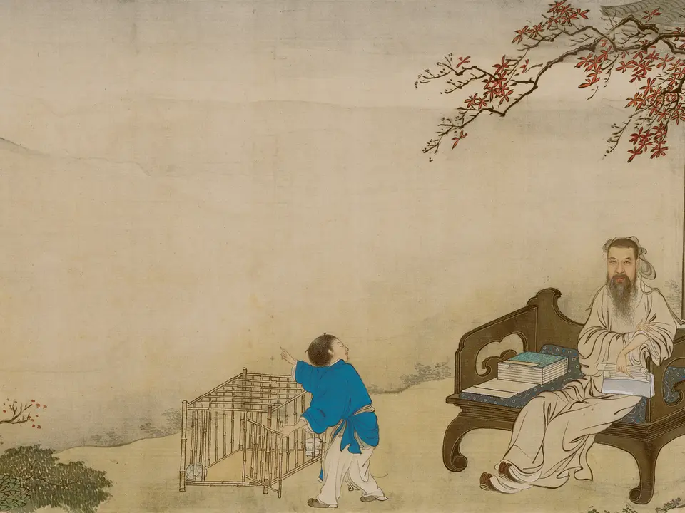 清代王士祯《放鸟图卷》全幅,26.36 × 110.6 cm